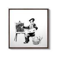 a black and white drawing of a man with an easel