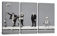 three black and white paintings of people on a street