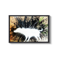 a painting of a white dog walking through a forest