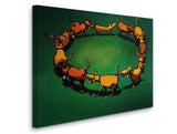 a painting of a circle of dogs on a green background