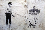 a painting of a man walking a dog on a leash