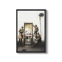 a picture of a group of soldiers standing in front of a phone booth