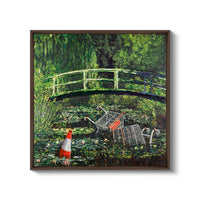 a painting of a bridge over a pond of water lilies