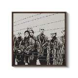 a picture of a group of people behind a barb wire fence