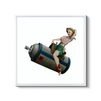 a picture of a woman sitting on top of a barrel