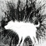 a black and white drawing of a bear in the woods