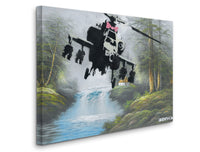 a painting of a fighter jet flying over a waterfall