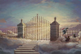 a painting of a man climbing up a set of stairs