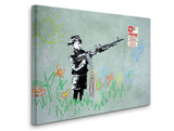 a painting of a boy with a gun on a wall