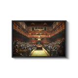 a painting of a courtroom full of people