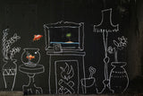 a chalk drawing of a living room with a fish in the window