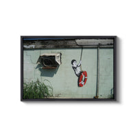 a picture of a man hanging on a wall with a skateboard