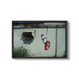 a picture of a man hanging on a wall with a skateboard