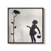 a brick wall with a painting of a girl and a bird on it