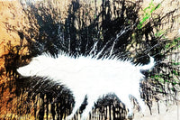 a painting of a white dog walking through a forest