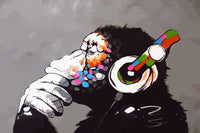 a painting of a monkey with headphones on