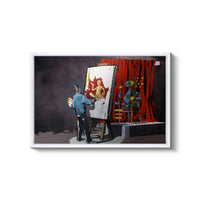 a man standing next to a painting on a easel