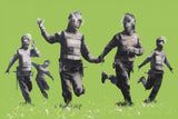 a group of people in suits and helmets running across a field