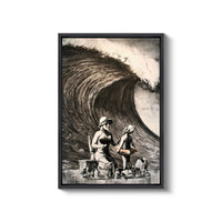 a painting of two people sitting on a bench in front of a large wave