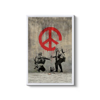 a painting of two soldiers holding guns and a peace sign