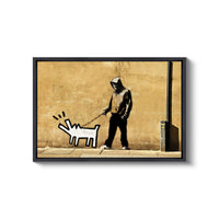 a painting of a man walking a dog on a leash