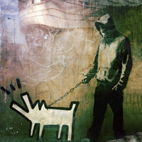 a painting of a man pulling a dog on a chain