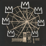 a drawing of a ferris wheel with people standing in front of it