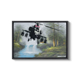 a painting of a helicopter flying over a waterfall