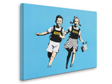 a painting of two people running on a blue background