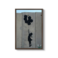 a painting of a person holding balloons on a wall