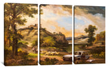 a painting of a landscape with sheep and a car