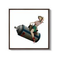 a painting of a woman riding a rocket ship