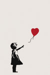 a little girl flying a red heart shaped balloon