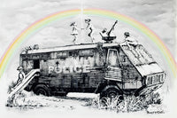 a drawing of a bus with a rainbow in the background