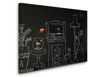 a chalk drawing of a living room with a fish in the window