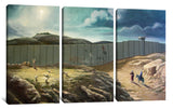 three paintings of people walking on a hill