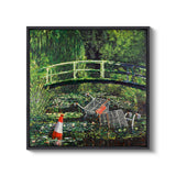 a painting of a bridge over a pond of water lilies