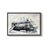 a black and white drawing of a truck with a rainbow in the background