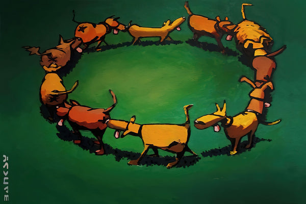 a painting of a group of dogs in a circle