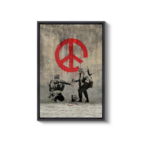 a painting of two soldiers with a peace sign painted on the wall