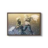 a painting of two people walking in the rain
