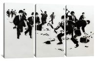 three black and white paintings of people in suits