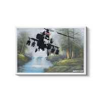 a painting of a helicopter flying over a waterfall