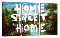 a painting of a river and a bridge with the words home sweet home painted on