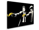 a painting of two men with bananas on a black background