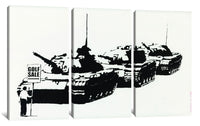 three black and white paintings of tanks on a white background