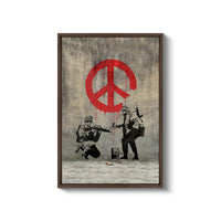 a painting of two soldiers holding guns and a peace sign