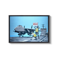 a painting of a fighter jet sitting on top of an aircraft carrier