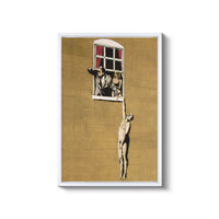 a painting of a man hanging from a window