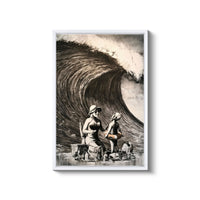 a painting of two people sitting on a bench in front of a large wave